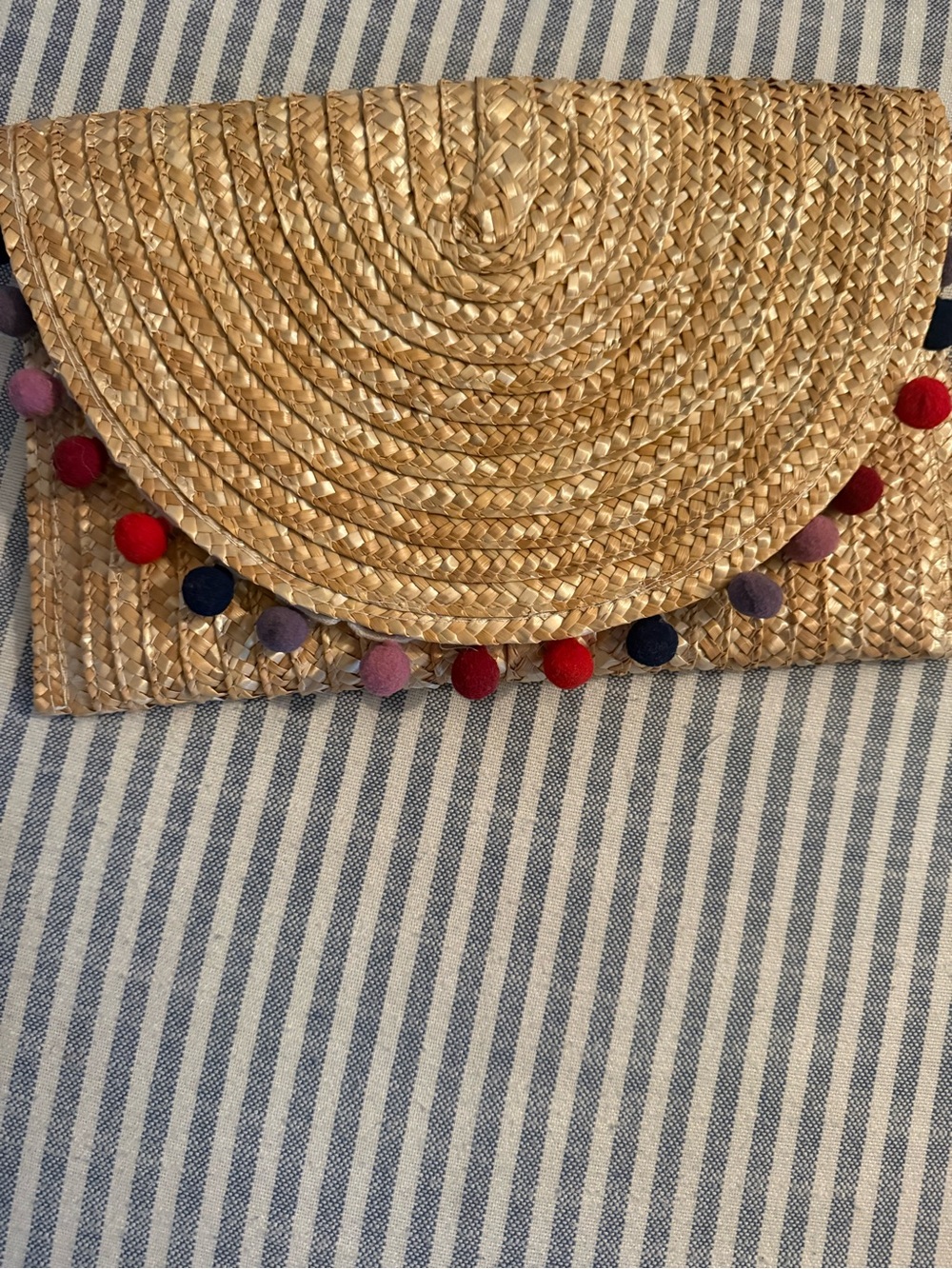 Natural Straw Clutch with Colorful Pom Pom Trim